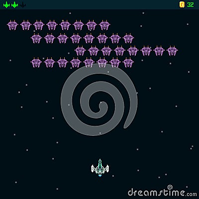 Retro video game, screen, arcade space warships, shooting, background map, vector graphic design illustration. 16 bit, 8 bit . Spa Cartoon Illustration